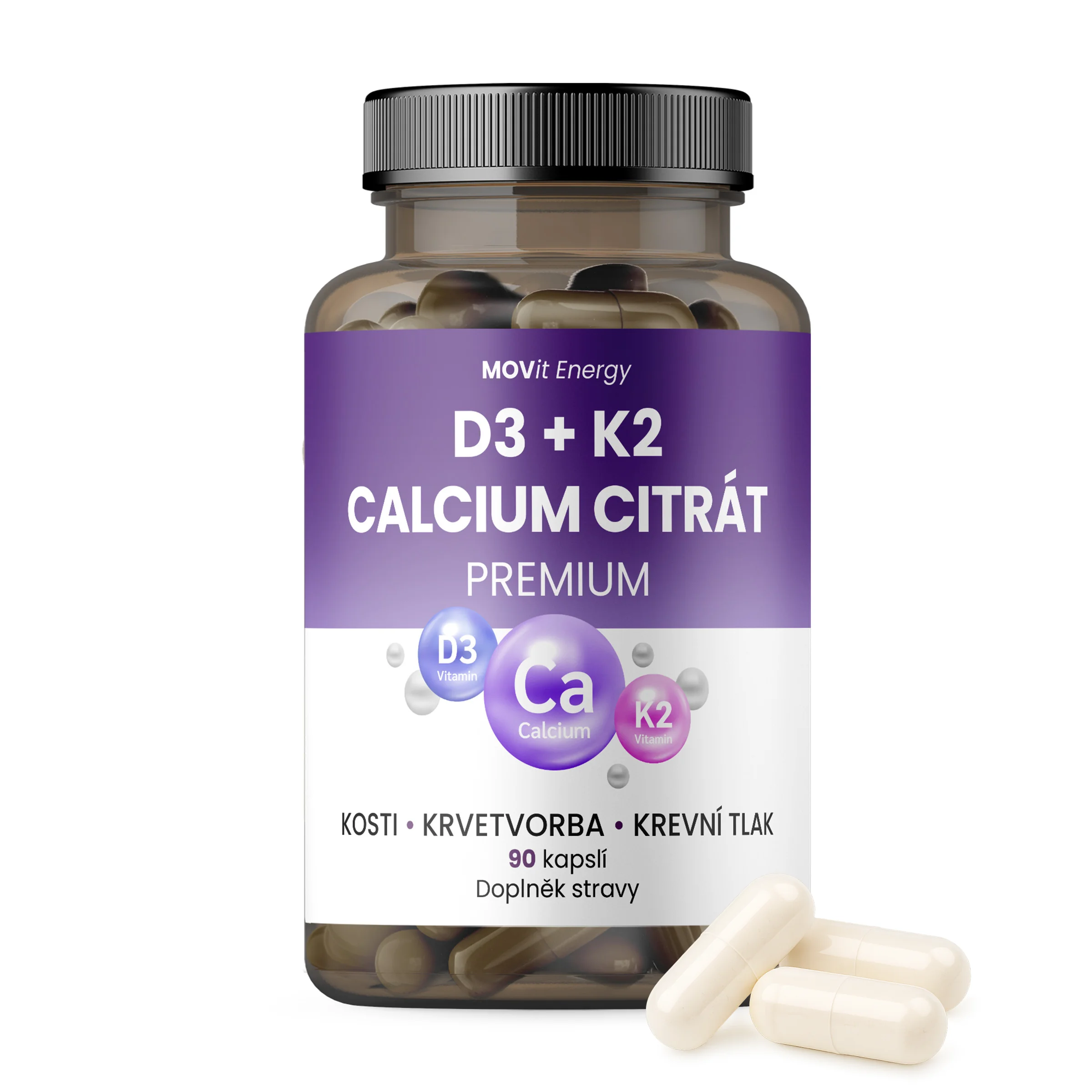 MOVit Vit. D3 1000 IU + K2 75 mcg + Calcium Citrát 90 cps