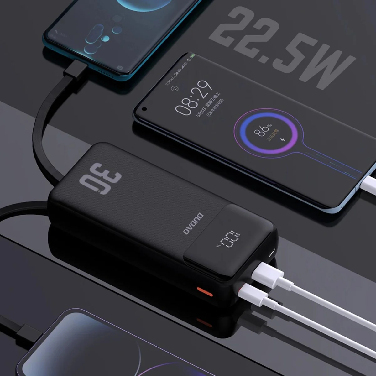 Dudao K15MAX Power Bank 30000mAh USB / USB-C / Lightning + vstavané ká ble 22.5W, čierny