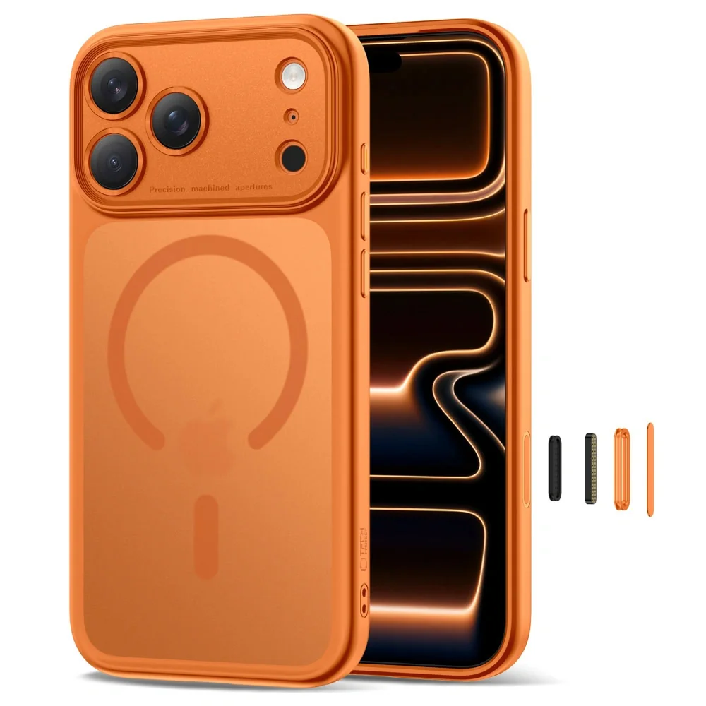Tech-Protect MagPeak MagSafe CC kryt na iPhone 17 Pro Max, matný oranžový ový