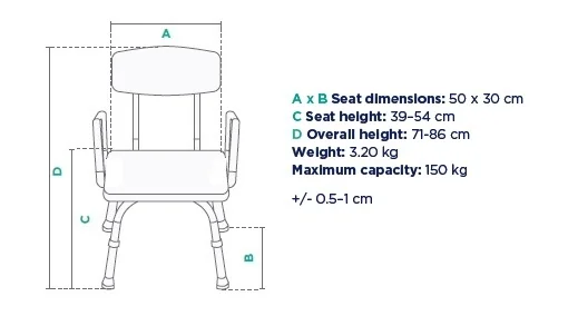 Výškovo nastaviteľná stolička s operadlom a madlami do sprchy KING-SSBA-20, 39 - 54 cm