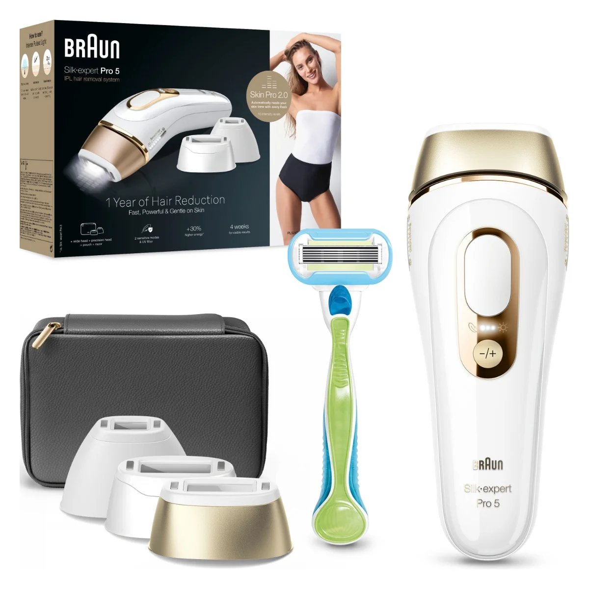 Braun IPL Silk·expert Pro 5, Odstraňovanie Chĺpkov v Pohodlí Domova, S Puzdro, 3 Hlavice, PL5242 1×1 ks, epilátor