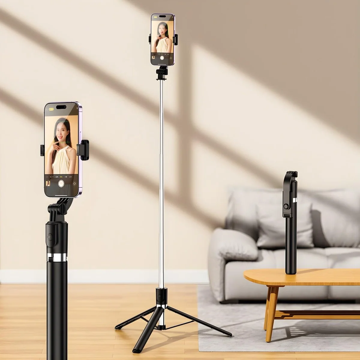 Selfie tyč s teleskopickým statívom 1 x 1,7m, čierna