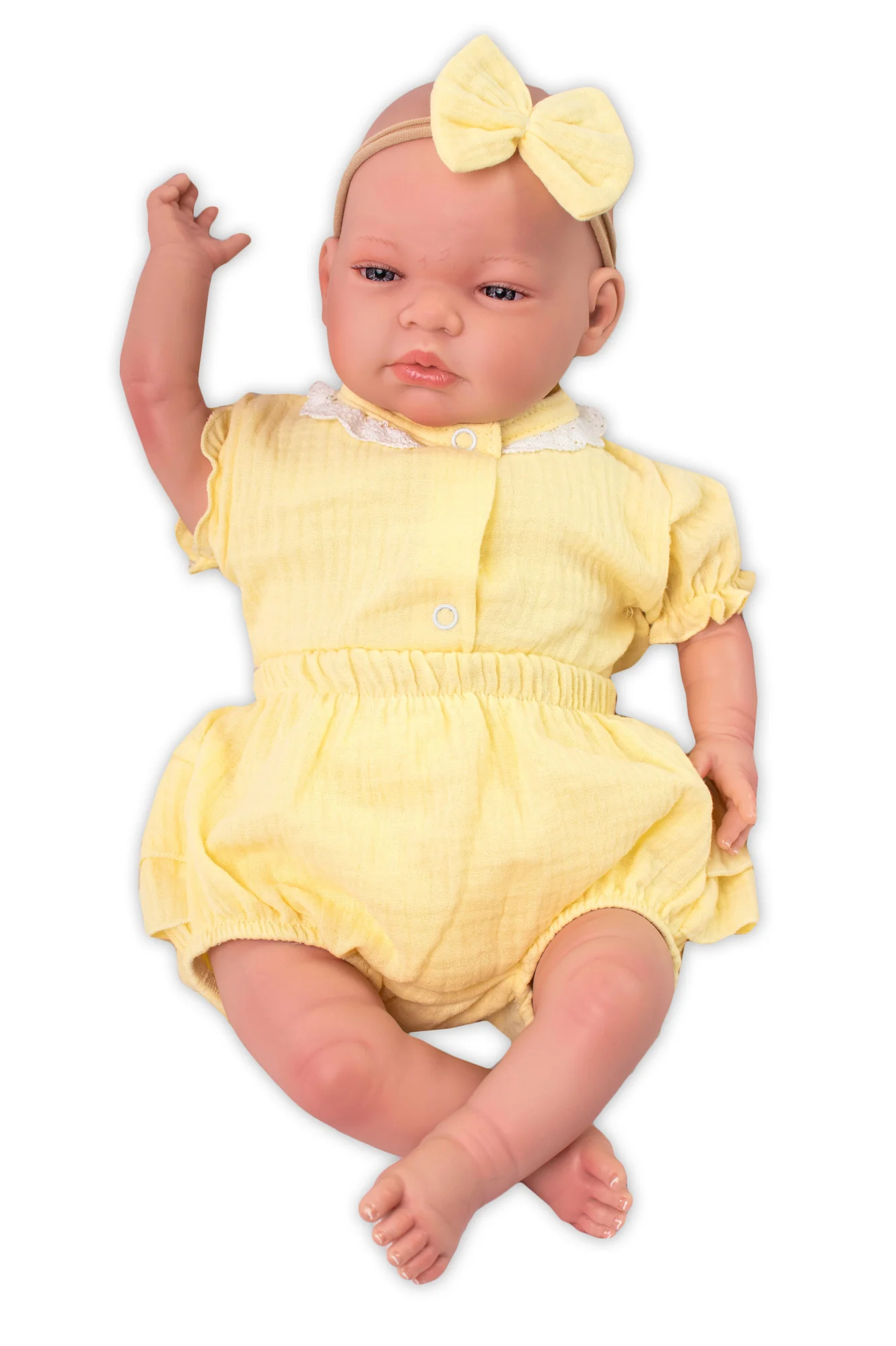 3-dielna mušelínová súpravička, body, kraťasky+čelenka GIRL, žltá