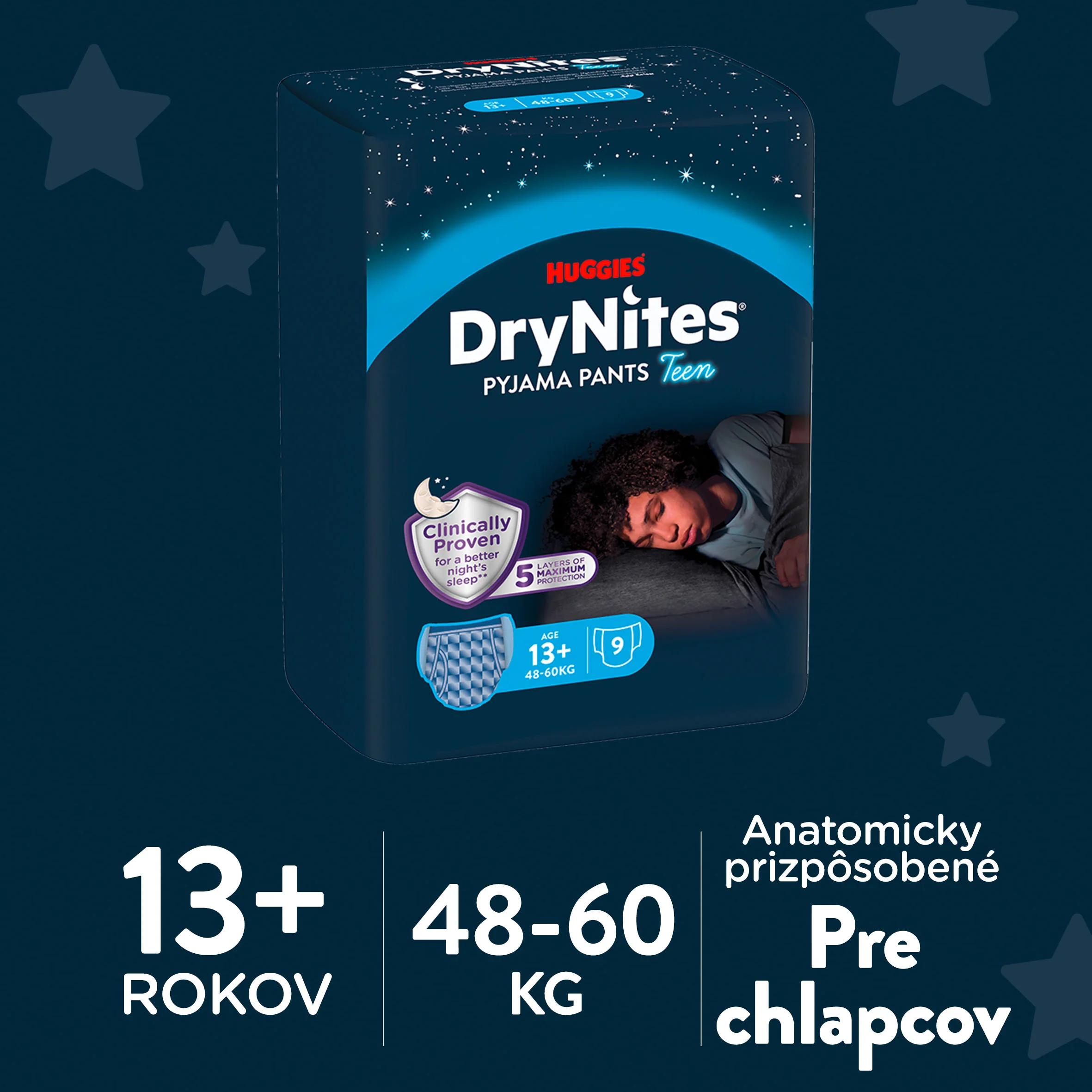 HUGGIES DryNites naťahovacie nohavičky pre chlapcov 13+ rokov 9 ks