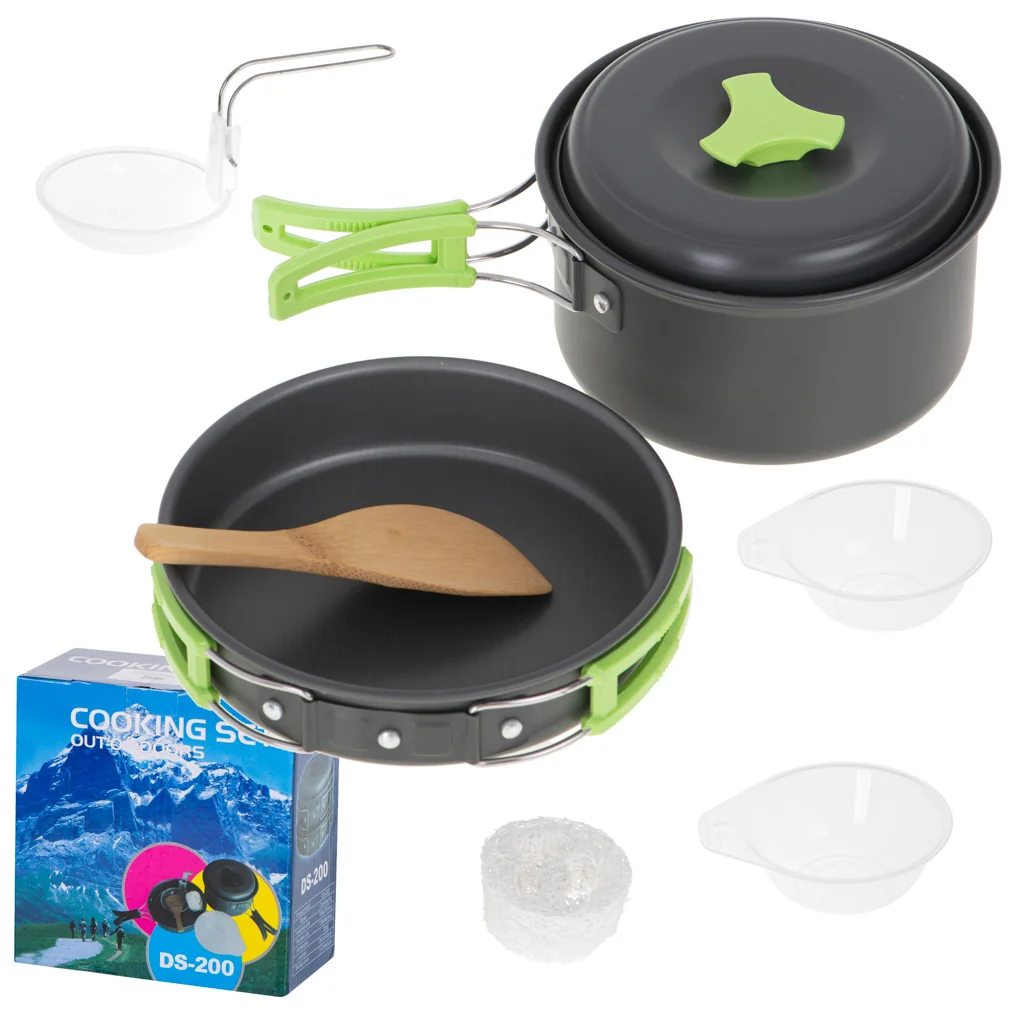 Kempingový set riadu – hrniec, panvica, pokrievka + príslušenstvo (9-dielny)