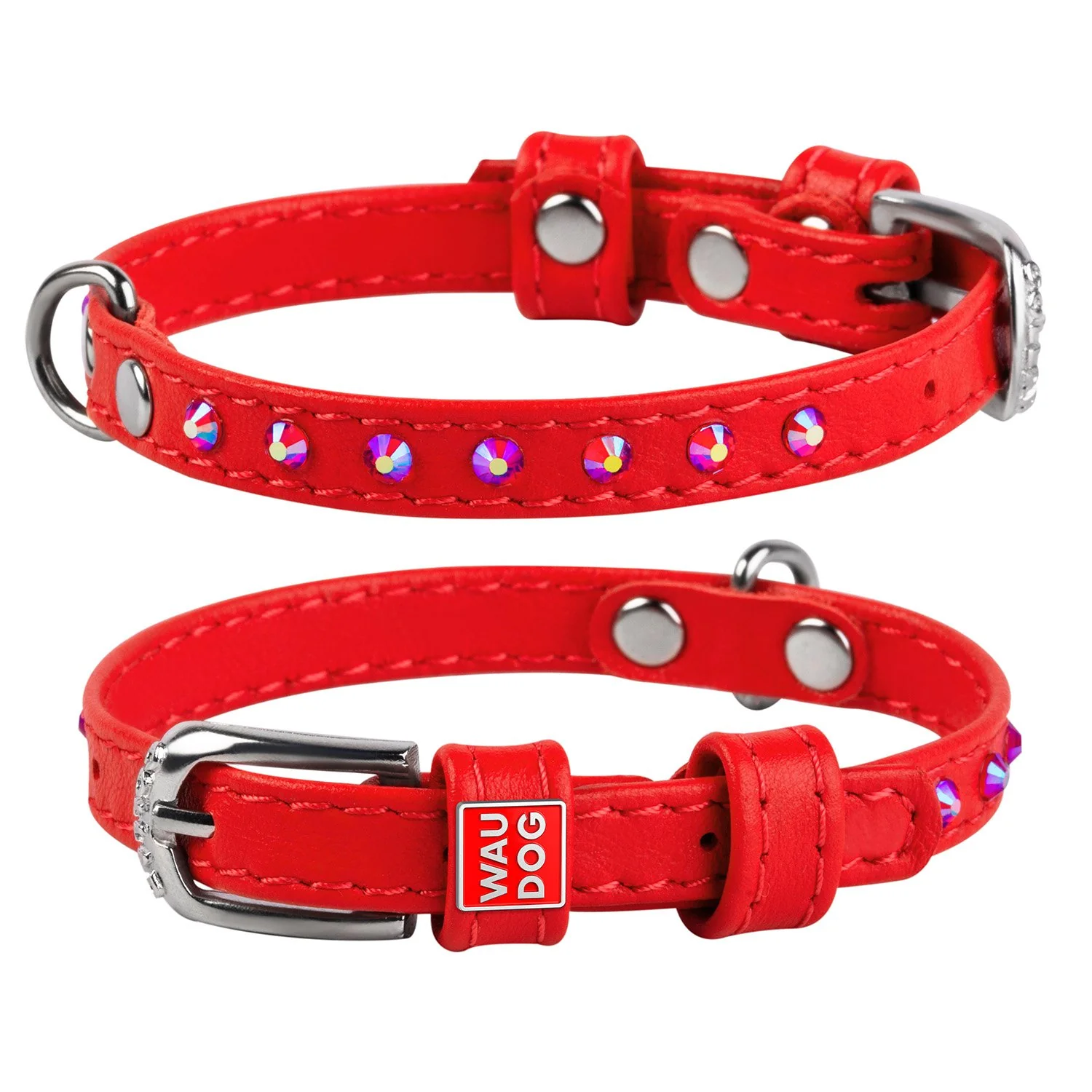 Plochý kožený obojok červenej farby s kryštálmi, Obvod krku: 30-39 cm, širka: 20 mm