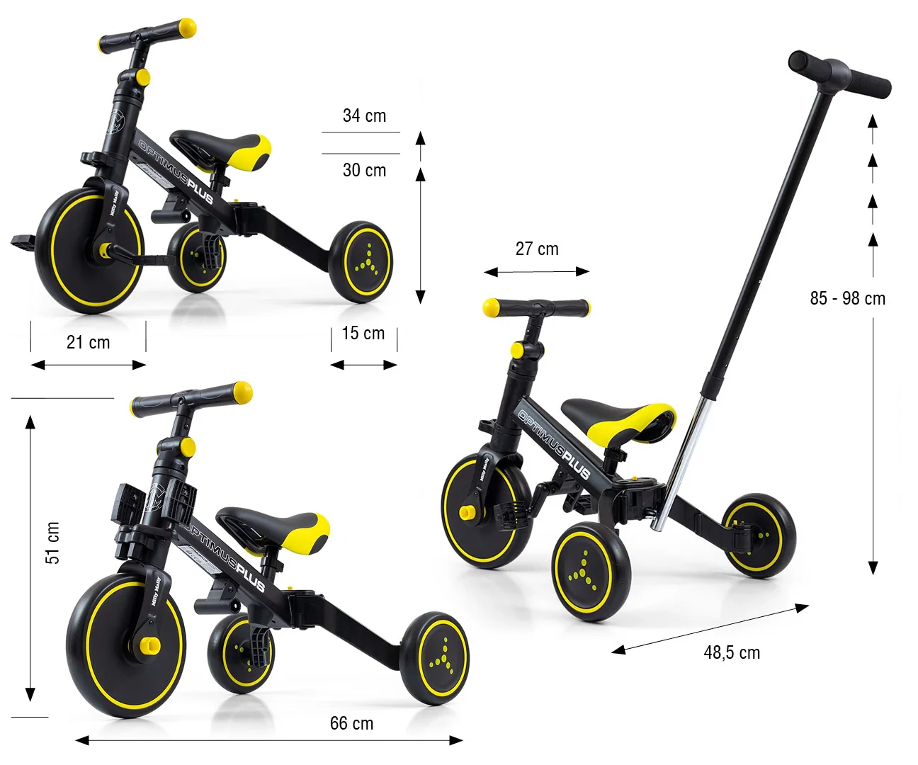 Balančná trojkolka, bicykel, odrážadlo a vodiaca tyč, Optimus Plus 4 v 1, čierna