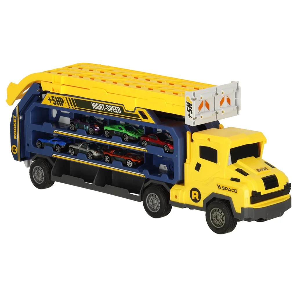 Sklápací transportér so šmýkačkou + 6 autíčok, žltý
