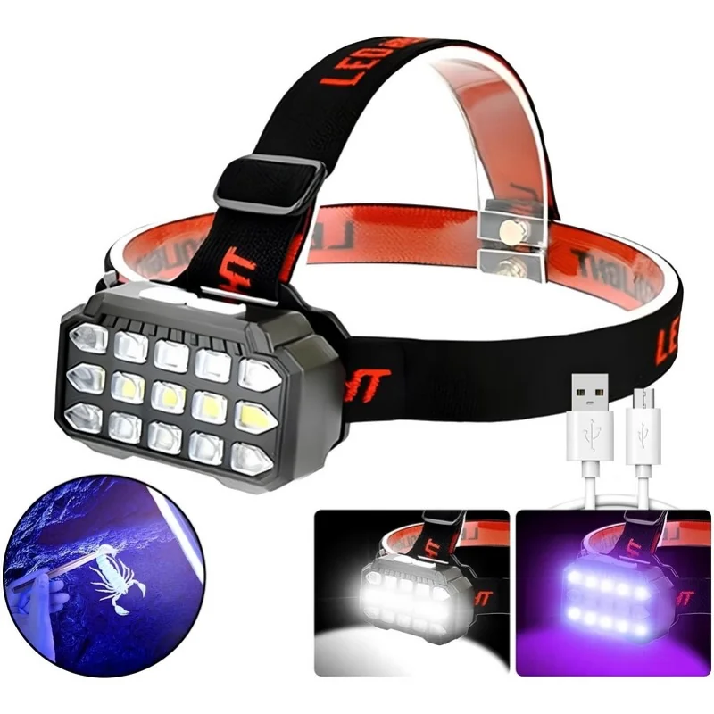 UV LED čelovka s USB nabíjaním - Čierna