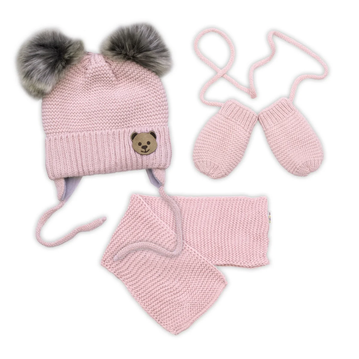 Detská sada, zimná čiapka so šálom + rukavičky 3D, Teddy Bear - pudrovo ružová