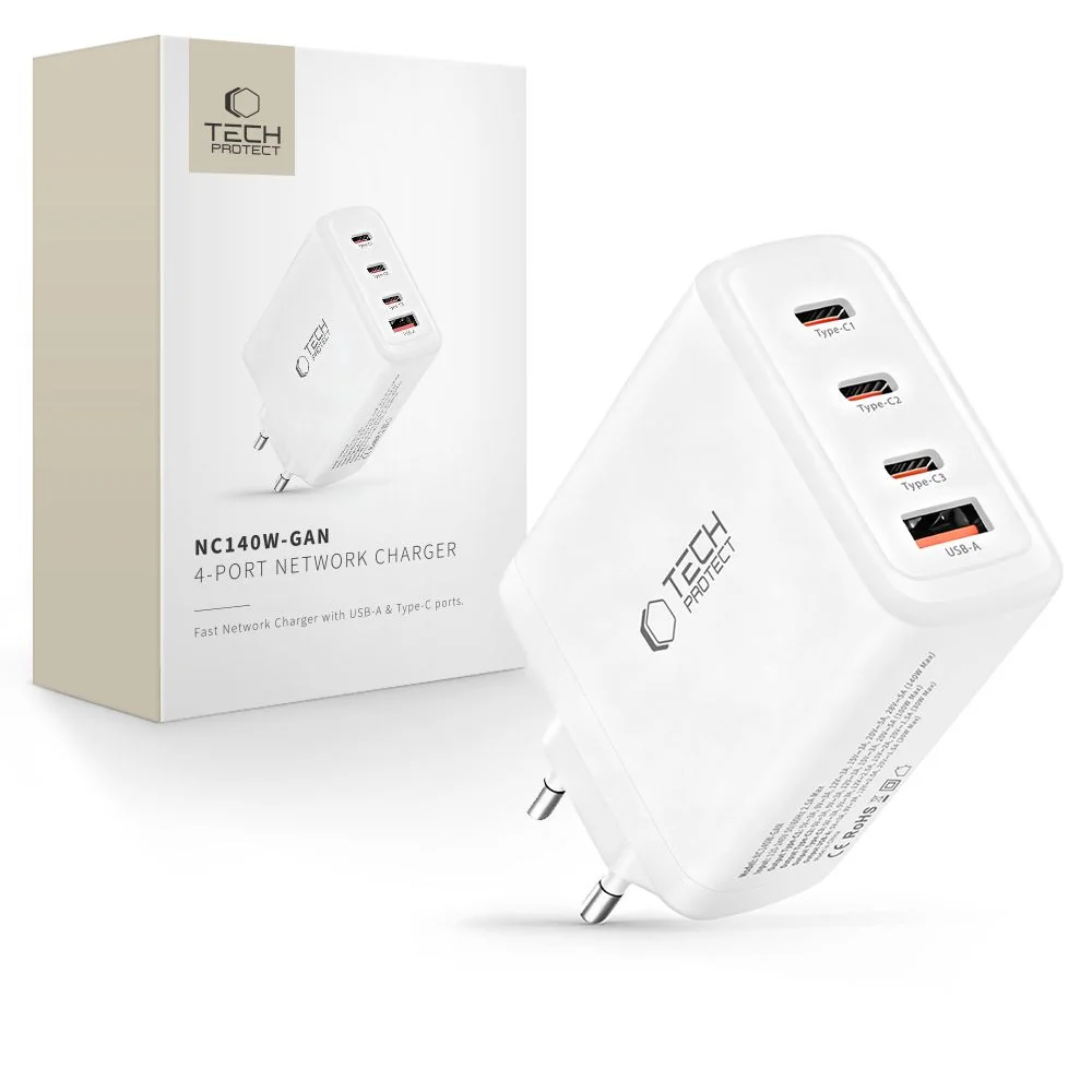Tech-Protect NC140W GaN sieťová nabíjačka USB / 3x USB-C 140W PD QC, biela iela