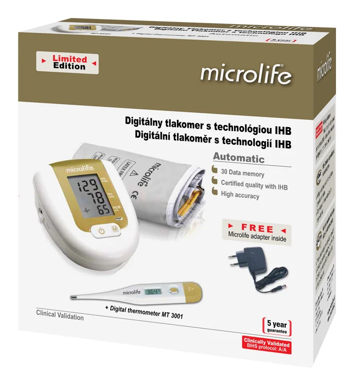 MICROLIFE TLAKOMER DIGITÁLNY BP 3AG1 ZLATÝ automatický s adaptérom na rameno 1ks + digitálny teplomer MT 3001 zadarmo, 1x1 set