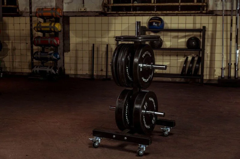Stojan na olympijské kotúče Bumper Plate na kolieskach