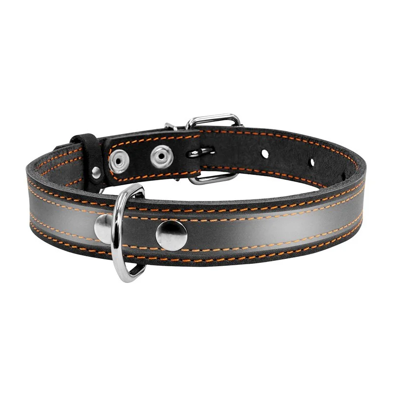 Kožený reflexný obojok čierny, Obvod krku: 32-40 cm, širka: 20 mm