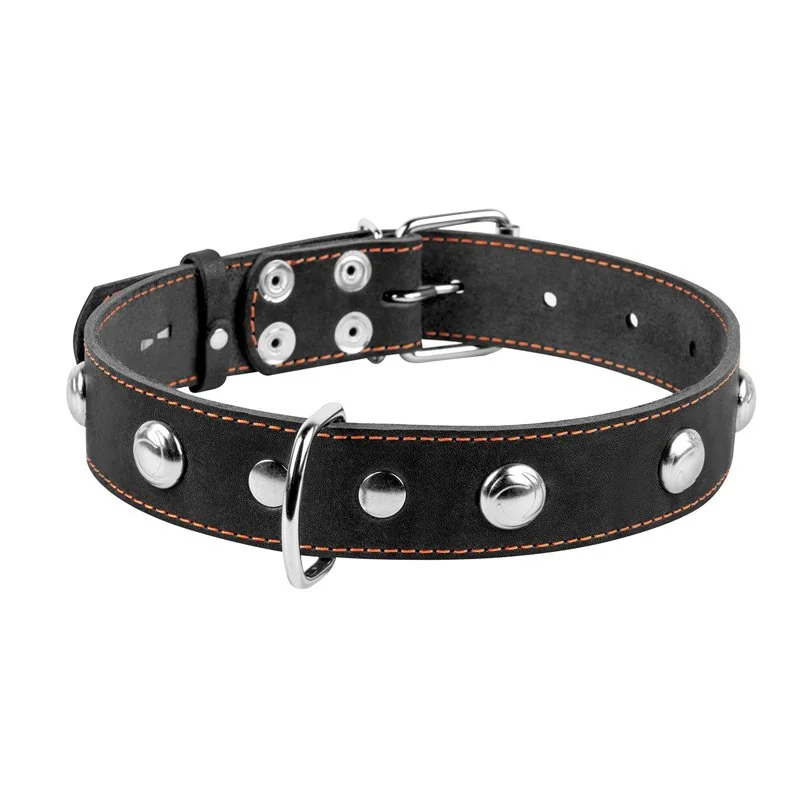 Kožený obojok s kovovou dekoráciou čierny, Obvod krku: 38-50 cm, šírka: 25 mm