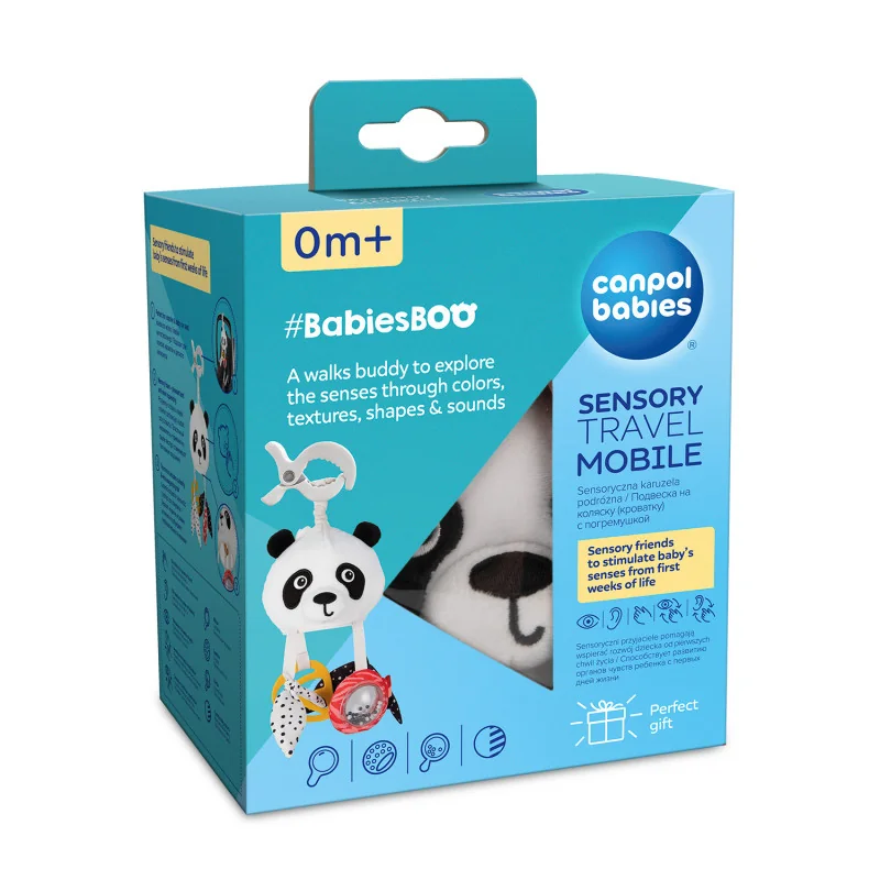 Canpol babies Senzorická závesná cestovná hračka PANDA s klipom BabiesBoo 1 ks