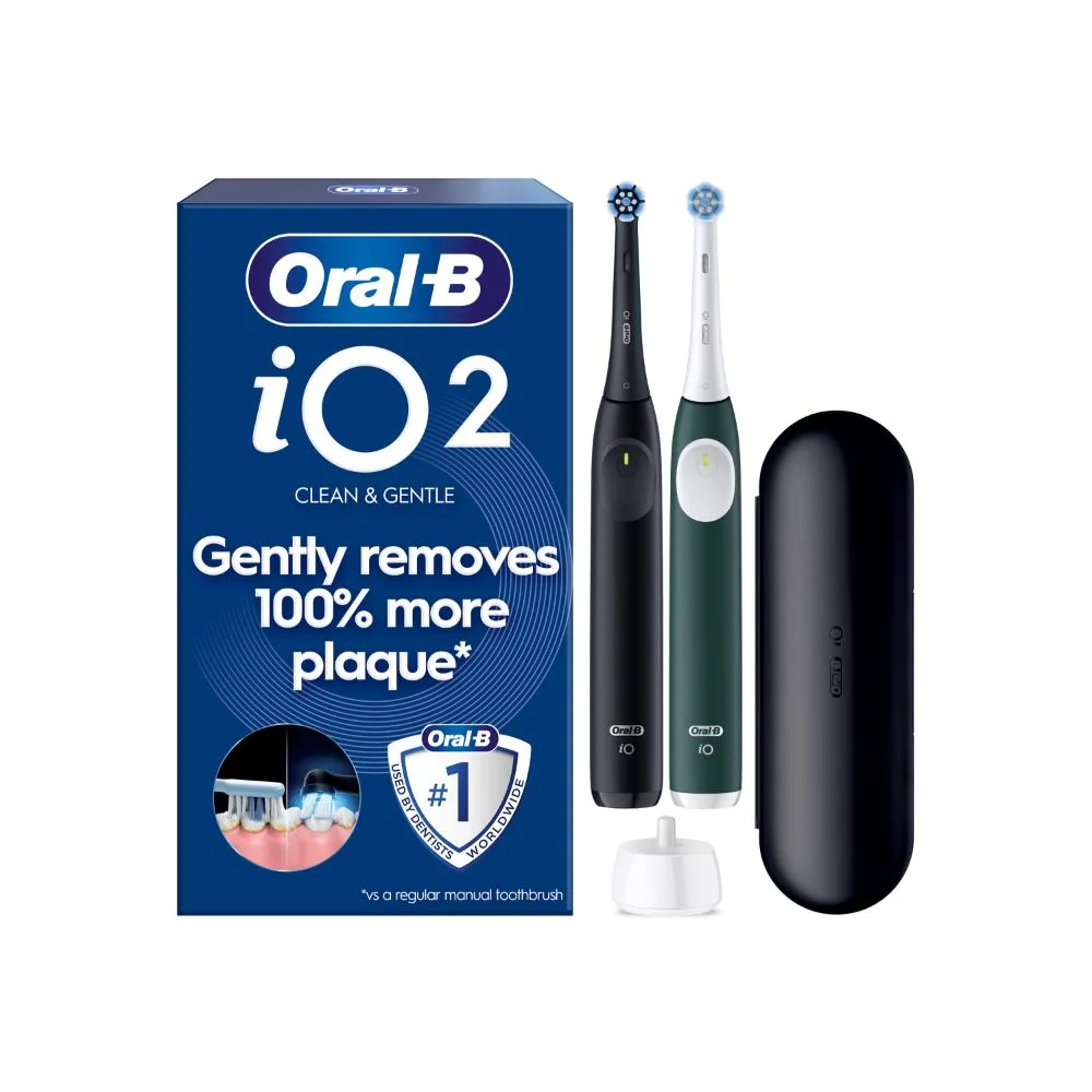 Oral-B iO 2 Duo elektrické zubné kefky, čierna a zelená + cestovné puzdro 1 set
