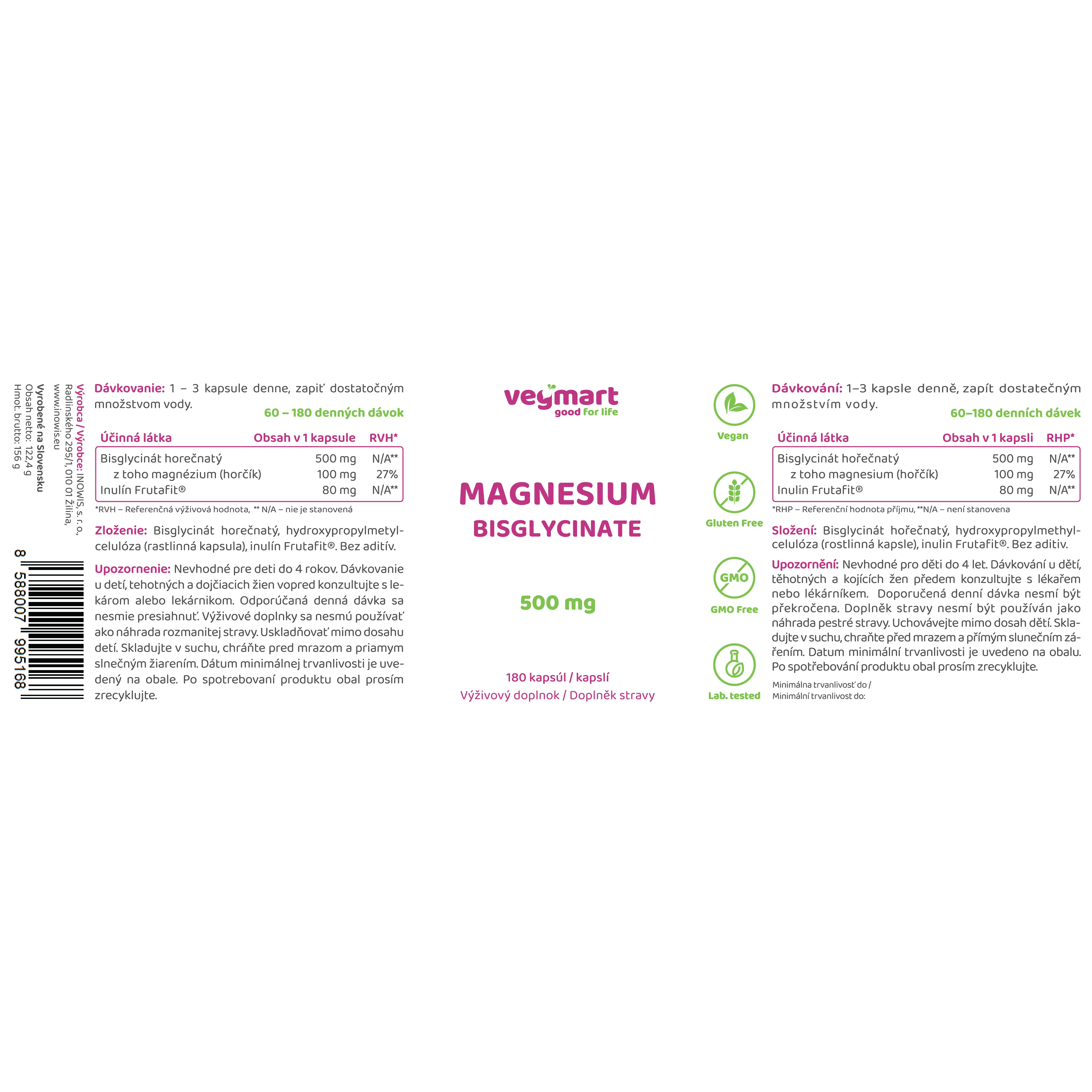 Vegmart Magnézium Bisglycinát 500 mg, 180 kapsúl