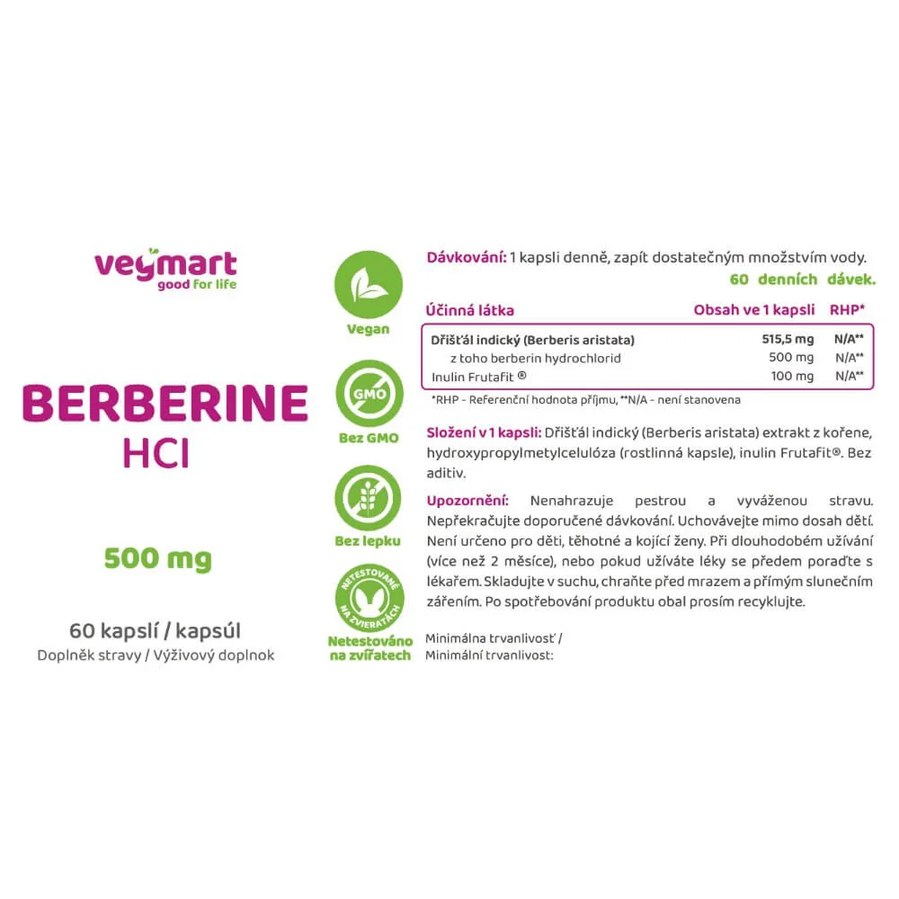 Vegmart Berberín HCl 500 mg, 60 kapsúl