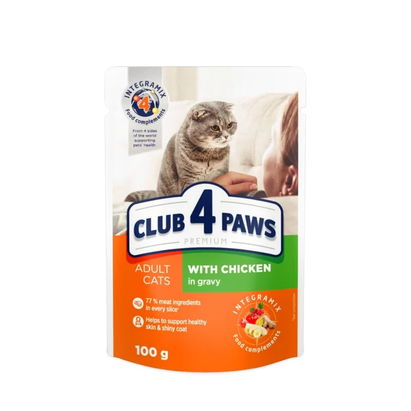 CLUB 4 PAWS Premium SET Pre dospelé mačky S kuracím mäsom v omáčke, S lososom v želé 4x80g (9060)