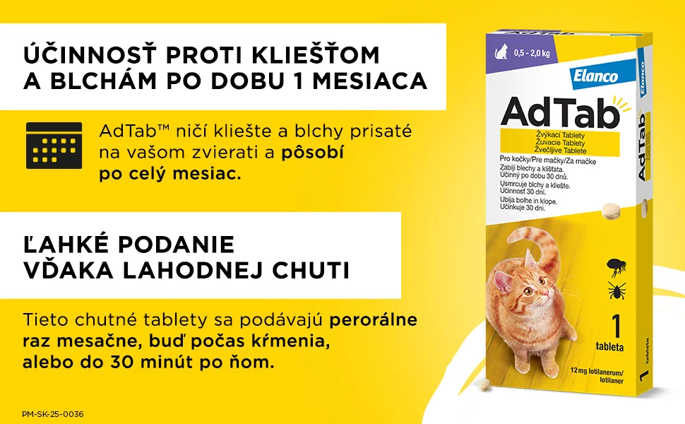 AdTab žuvacie tablety pre mačky 12 mg, hmotnosť mačky 0,5–2,0 kg 1 tbl