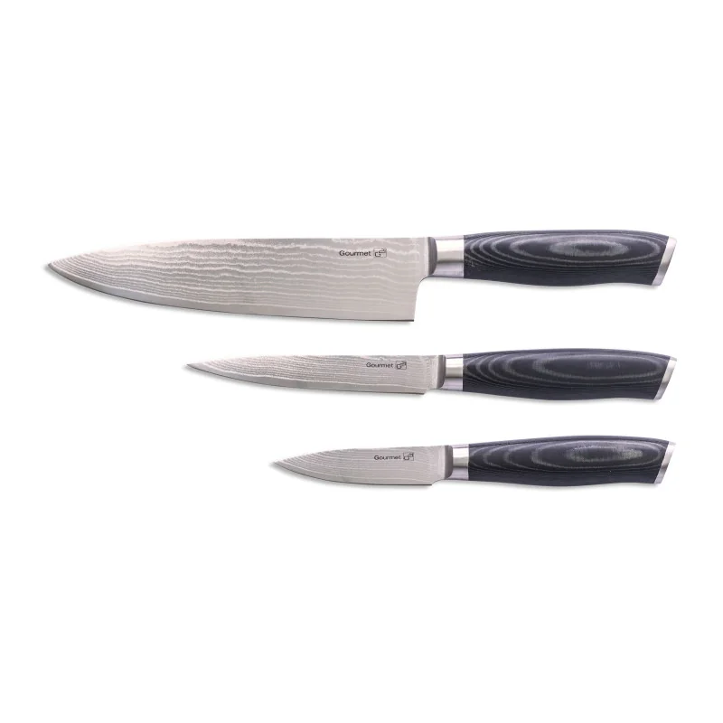 G21 Sada nožov Gourmet Damascus v bambusovom bloku 3 ks + brúsny kameň Gourmet Damascus v bambusovom bloku 3 ks + brúsny kameň G-DMSSET3