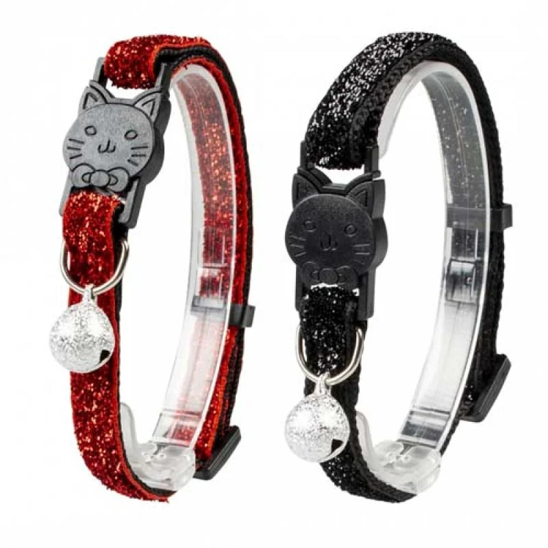 DUVO+ Nylonový obojok GLITTER pre mačky 22-30cm/10mm čierny/červený 1ks