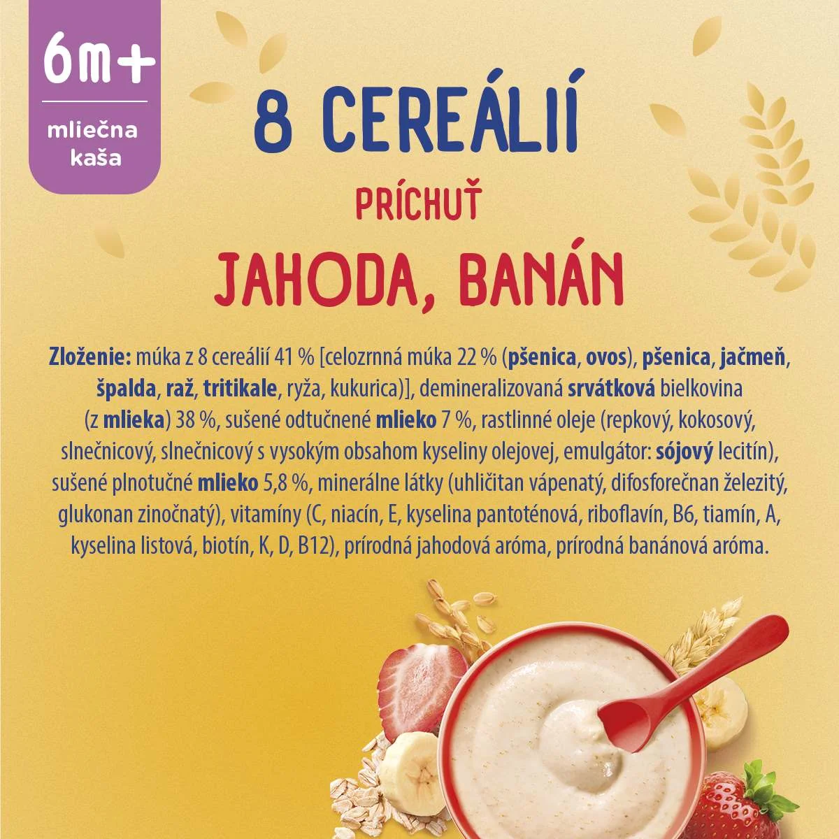 Sunar mliečna kaša 8 cereálií príchuť jahoda, banán, 210 g 1×210 g, instantná, obilno-mliečna kaša, od ukončeného 6. mesiaca