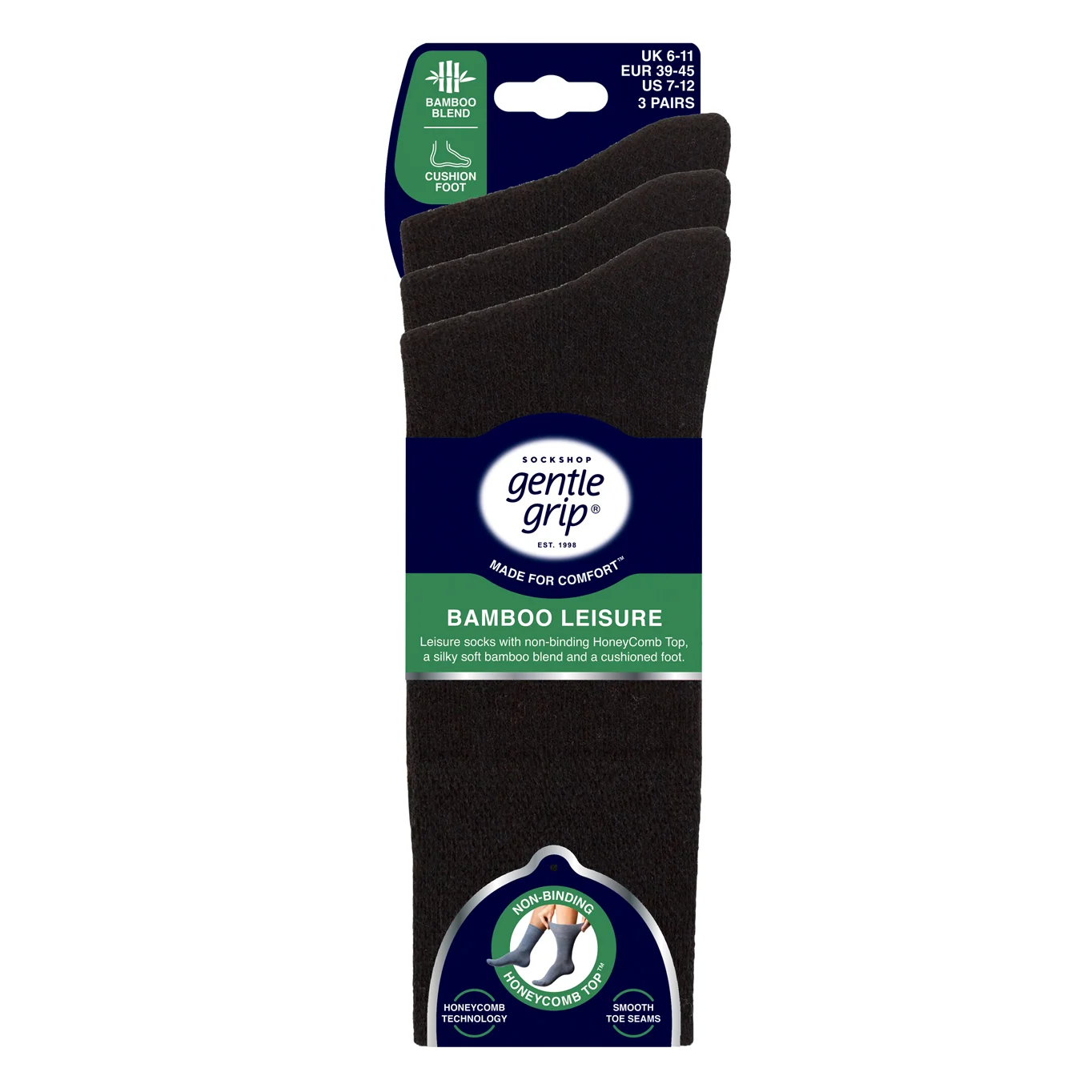 3 páry pánske ponožky Gentle Grip BAMBUS bez gumičiek froté chodidlo ČIERNE Veľkosť ponožiek 39-45