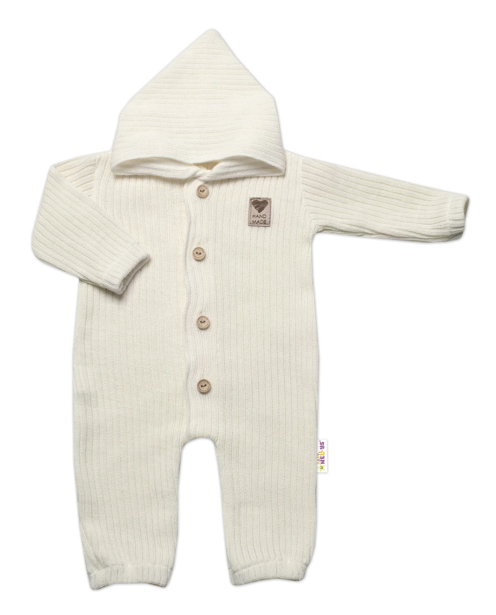 Baby Nellys Pletený overálok s kapucňou a gombíkmi Hand Made, ecru, veľ. 68/74