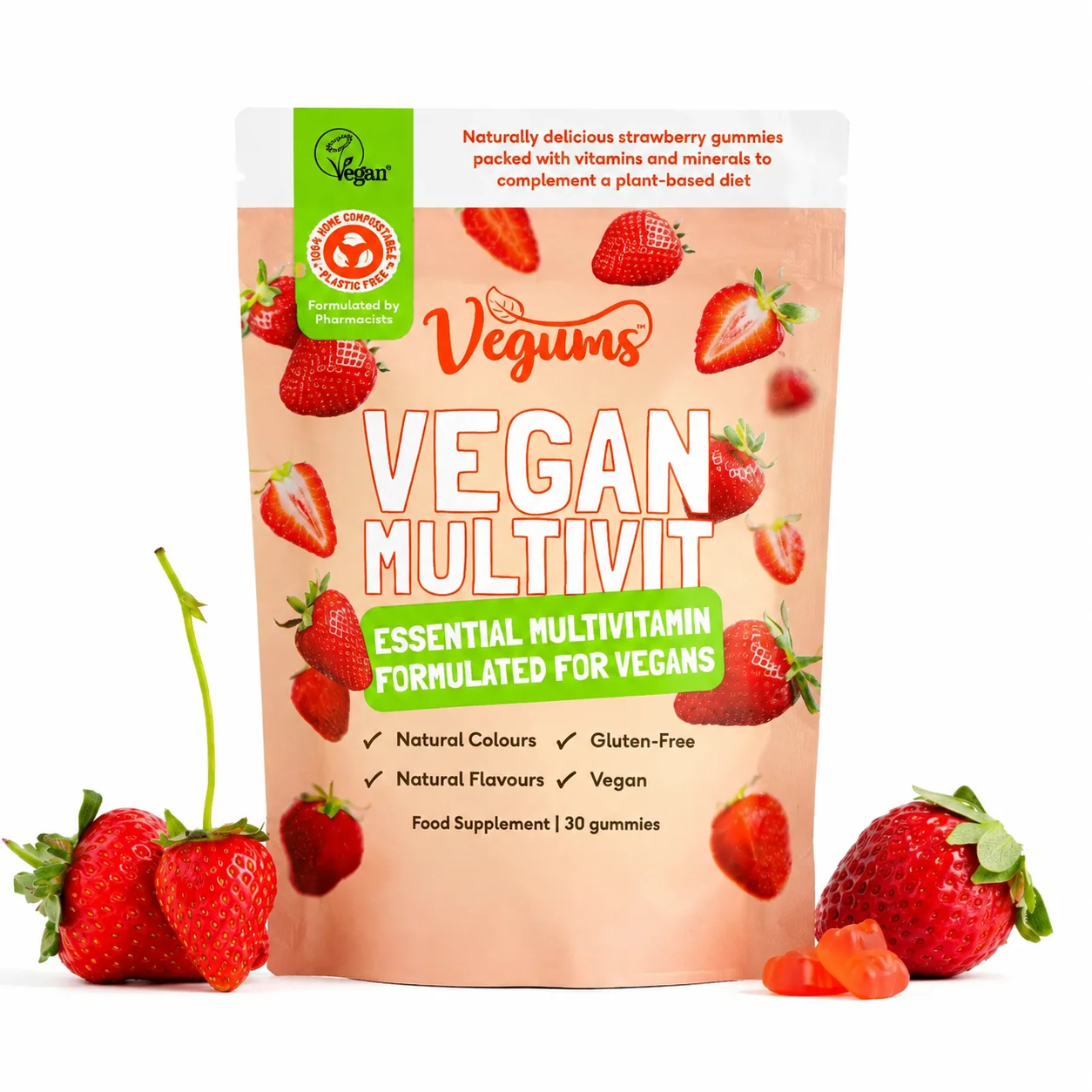 Vegums Žuvací multivitamín pre vegánov (jahoda), 30 gumených bonbónov