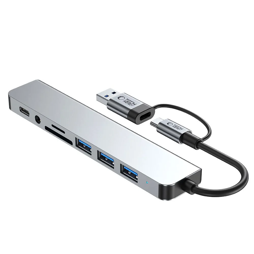 Tech-Protect HB06 HUB adaptér USB-C + USB - 4x USB / USB-C / SD / TF / AV 3.5, šedý AV 3.5, šedý