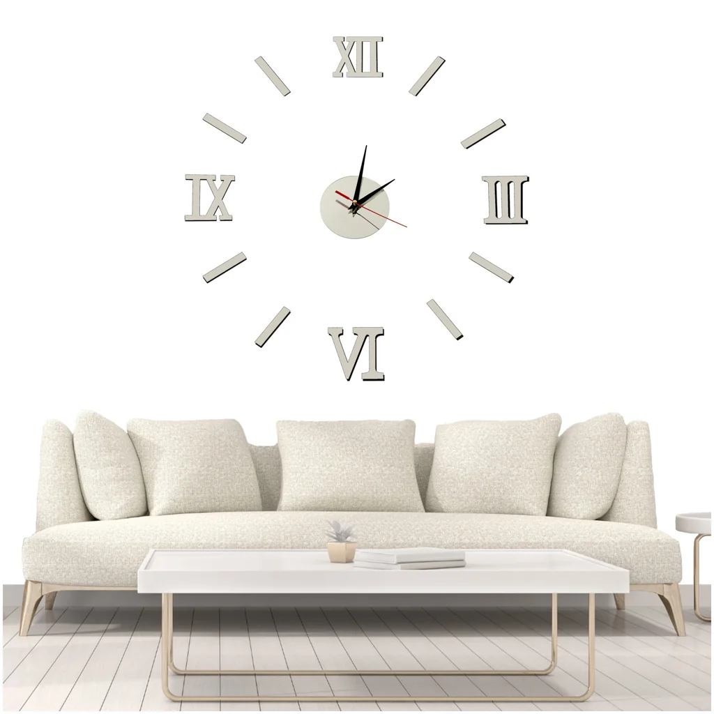 Veľké 3D nástenné hodiny DIY strieborné – hodiny s rímskymi číslicami 70–130 cm