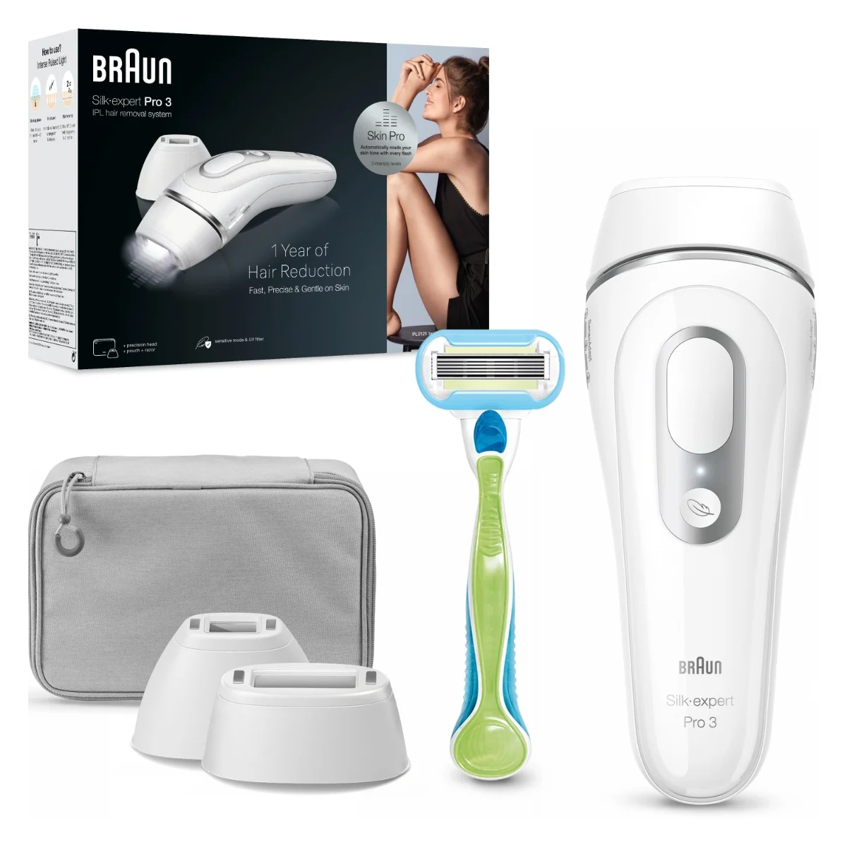 Braun IPL Silk·expert Pro 3, Odstraňovanie Chĺpkov v Pohodlí Domova, S Puzdro, 2 Hlavice, PL3122 1×1 ks, epilátor