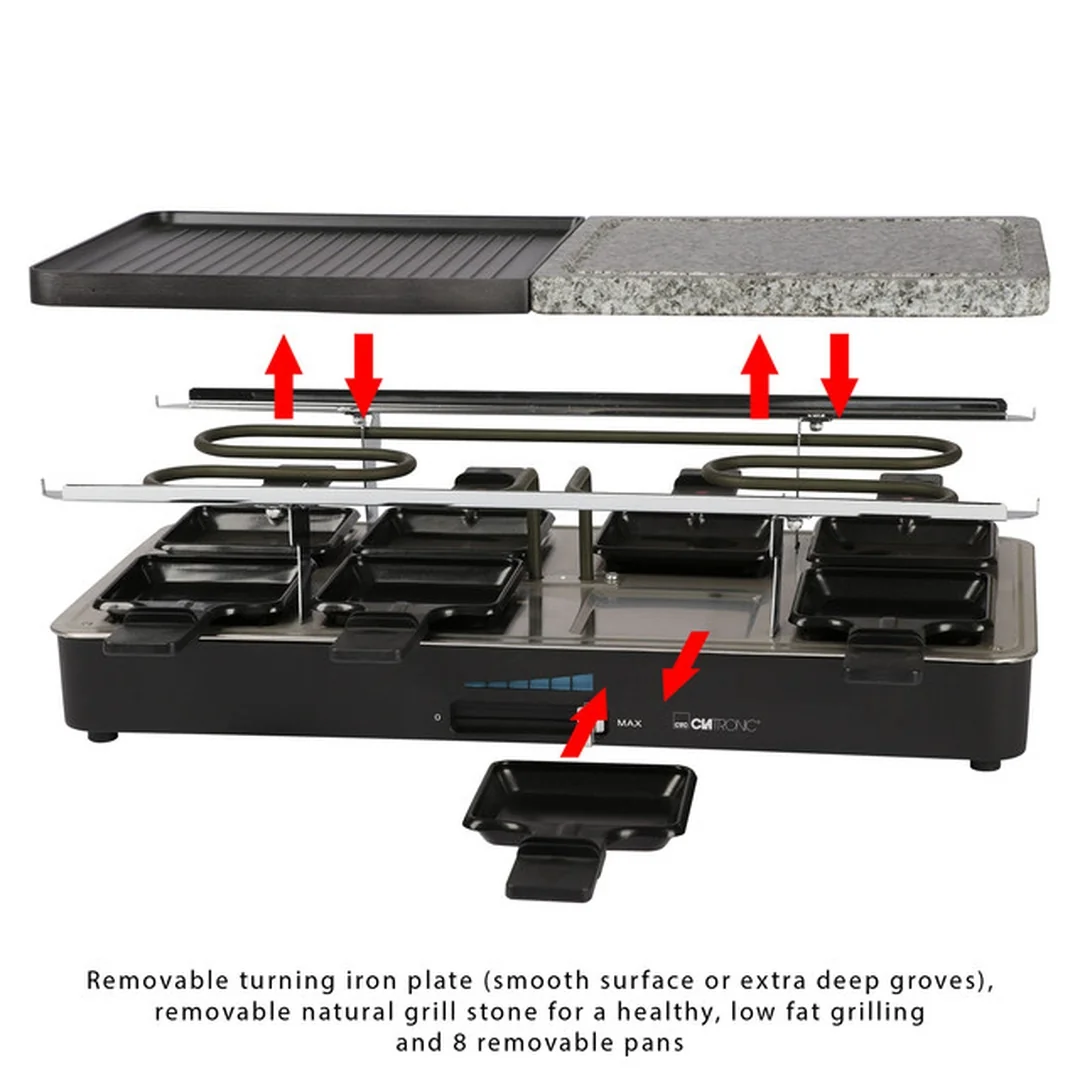 Clatronic RG 3518 raclette gril 2 v 1 s prírodným kameňom, 8 panvičiek