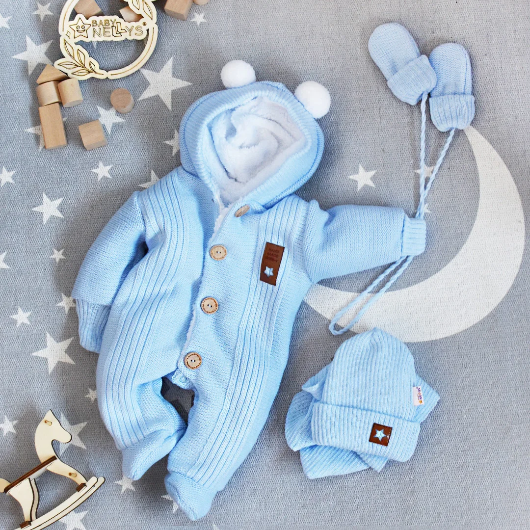 Baby Nellys Pletená kombinéza/overal LUX STAR s kožúškom, dvojvrstvová, sv. modrá