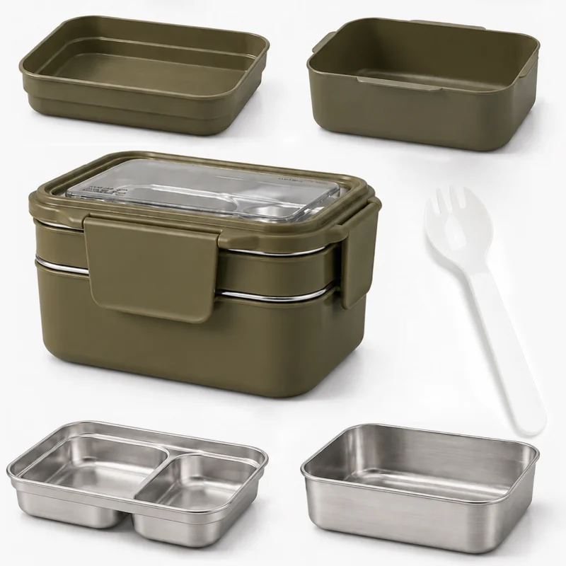 Livefy obedový box s príborom Double Lunch 1.2l, tmavozelený