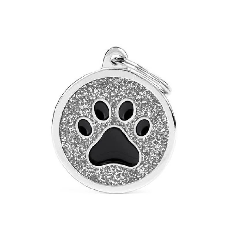 MF GREY BIG GLITTER CIRCLE BLACK PAW gravírovateľný prívesok 3,93x3,17cm