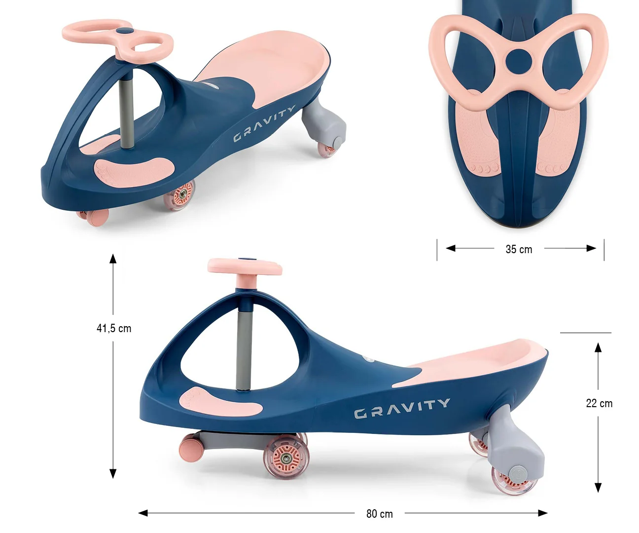 Gravitačné vozítko GRAVITY so svietiacimi LED kolesami – detské odrážadlo - modrá, ružová