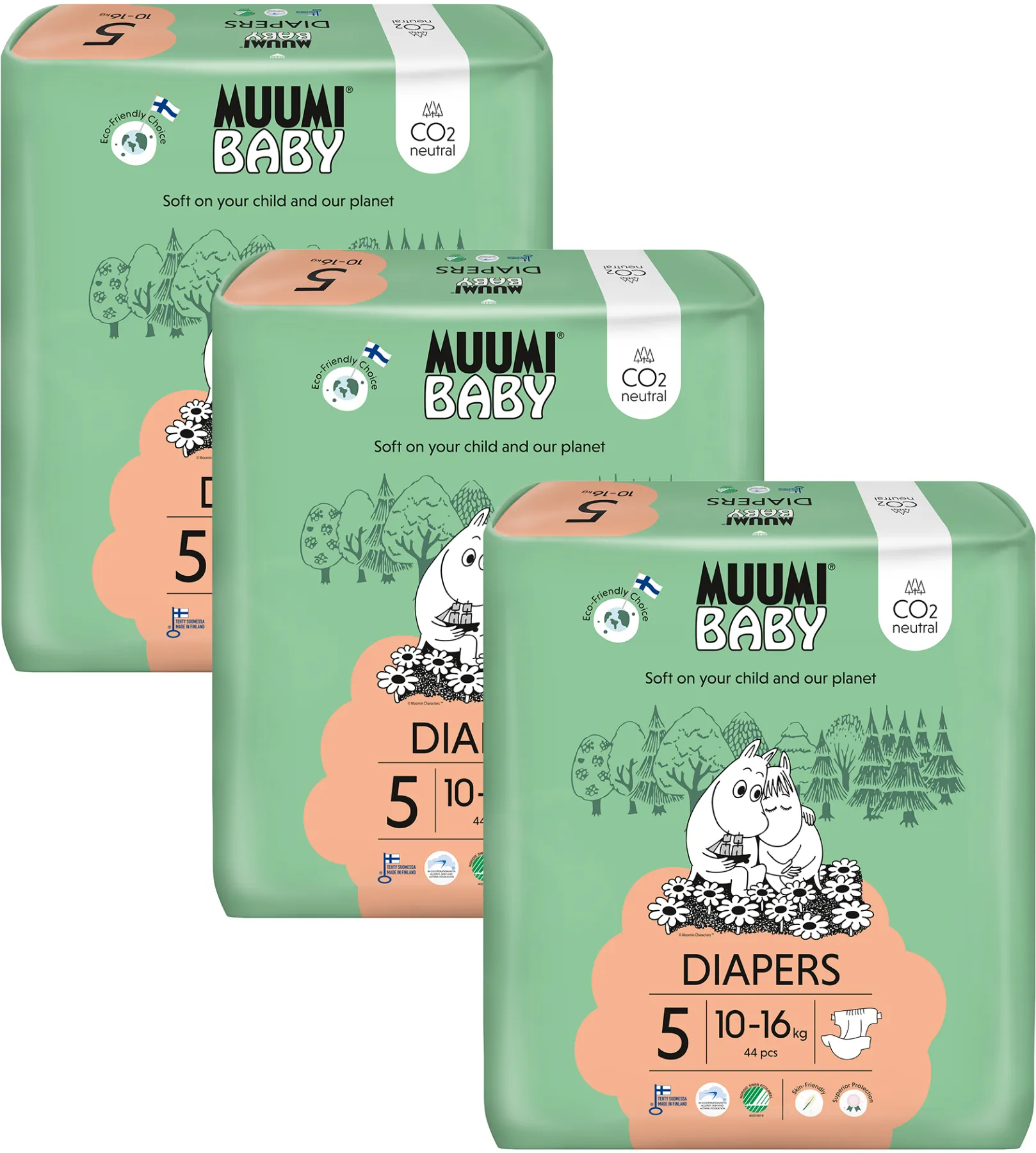 Muumi Baby 5 Maxi+ 10-16 kg, mesačné balenie eko plienok 1×132ks, EKO plienky