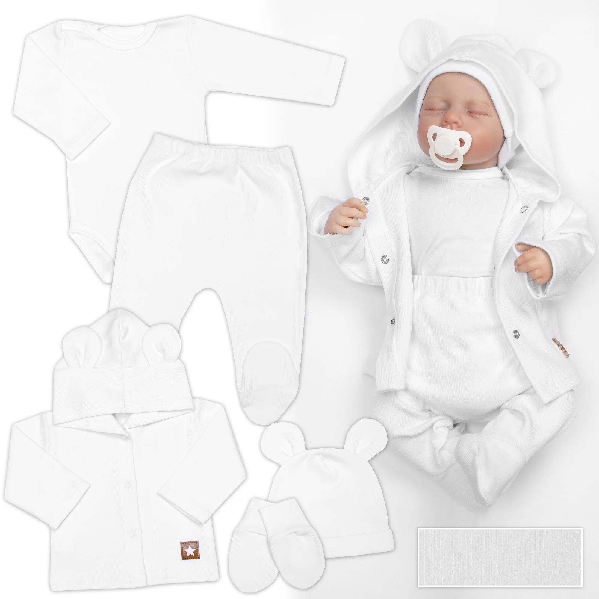 Rebrovaná sada, Star 5D, body, polodupačky, kabátik, čiapka, rukavice