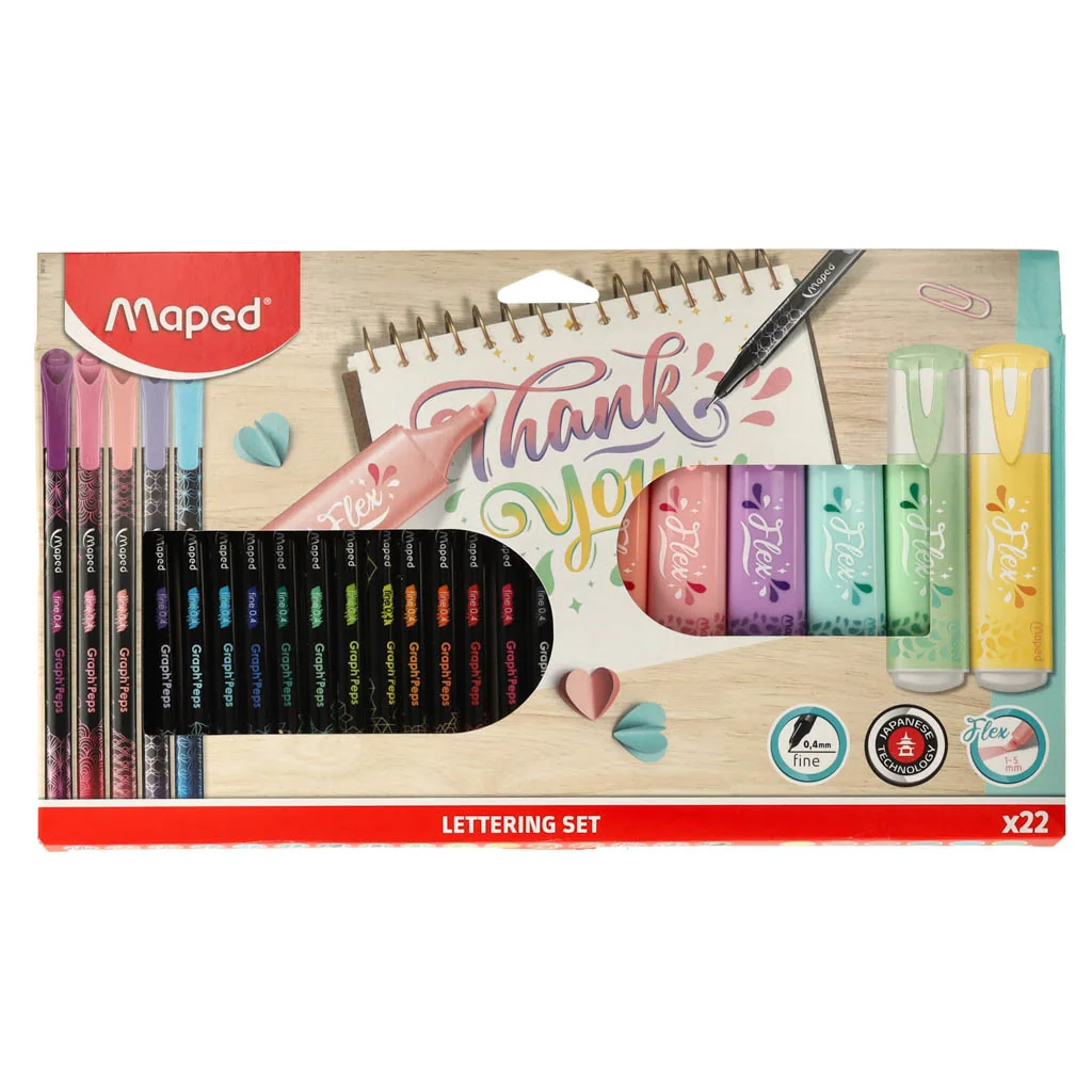 Set na lettering a kaligrafiu – 22 ks (6 zvýrazňovačov Flex Pastel + 16 linerov Graph’Peps Deco)