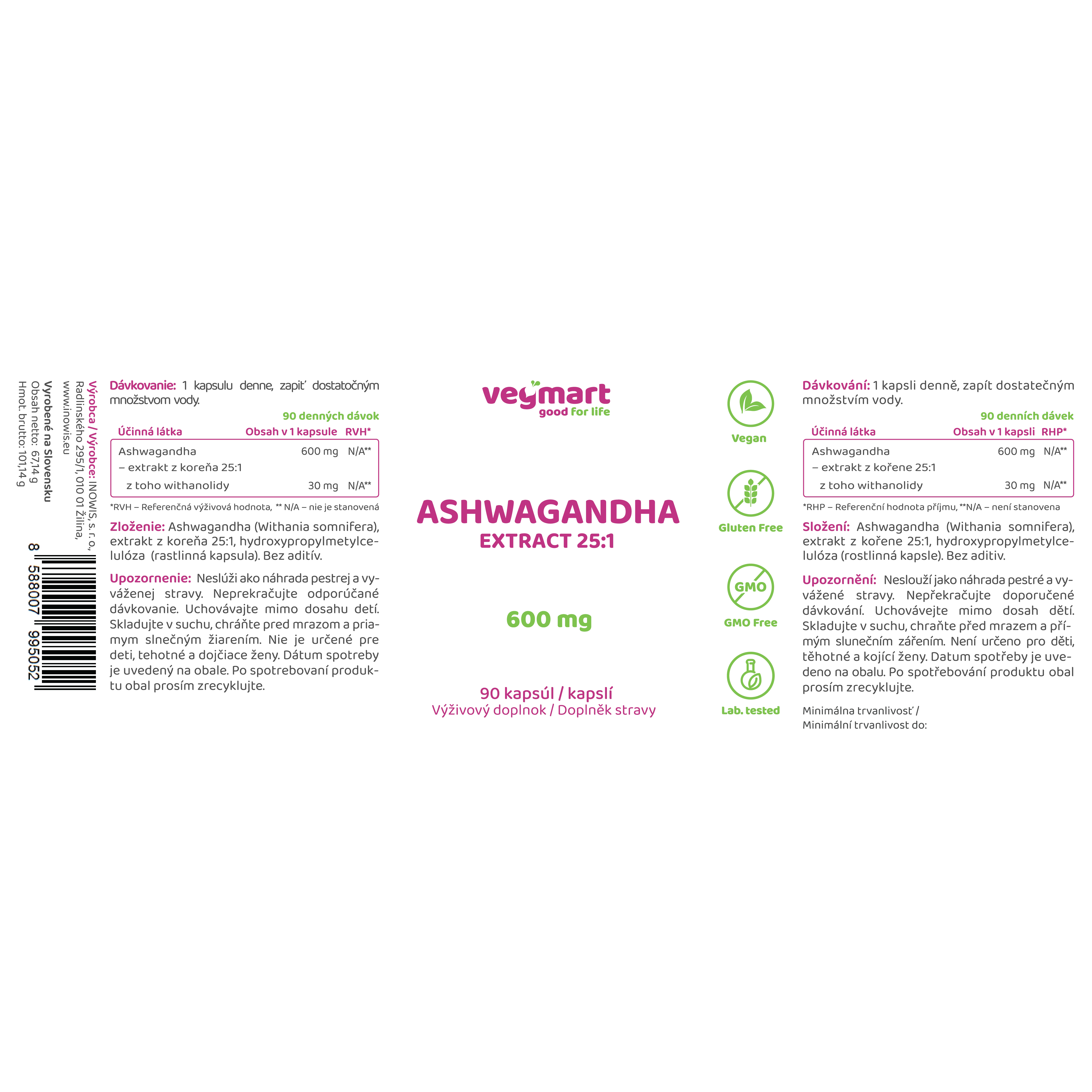 Vegmart Ashwagandha 600 mg, 90 kapsúl