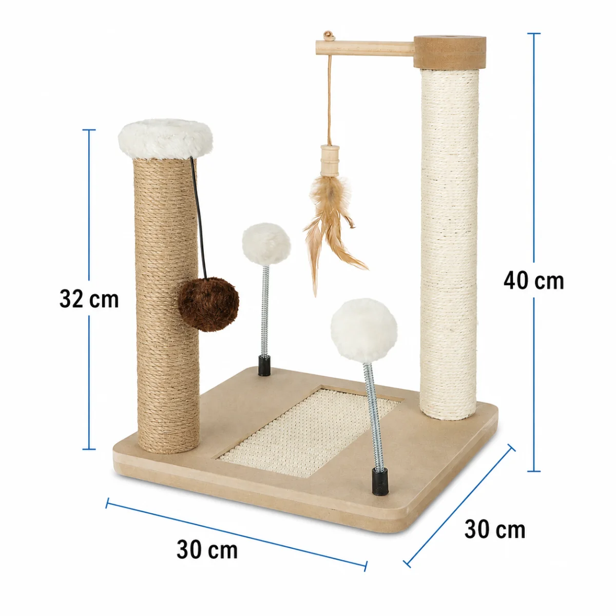 Škrabadlo pre mačky Cat Tree 40 cm – MDF, sisal, juta, guličky na pružinách a šnúrkach
