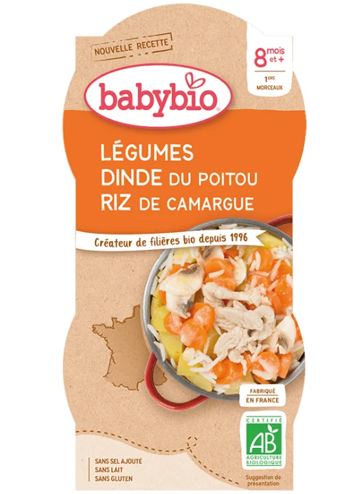 BABYBIO Menu zelenina s morčacím mäsom a ryžou (2x 200 g) 2×200 g, mäsozeleninový príkrm