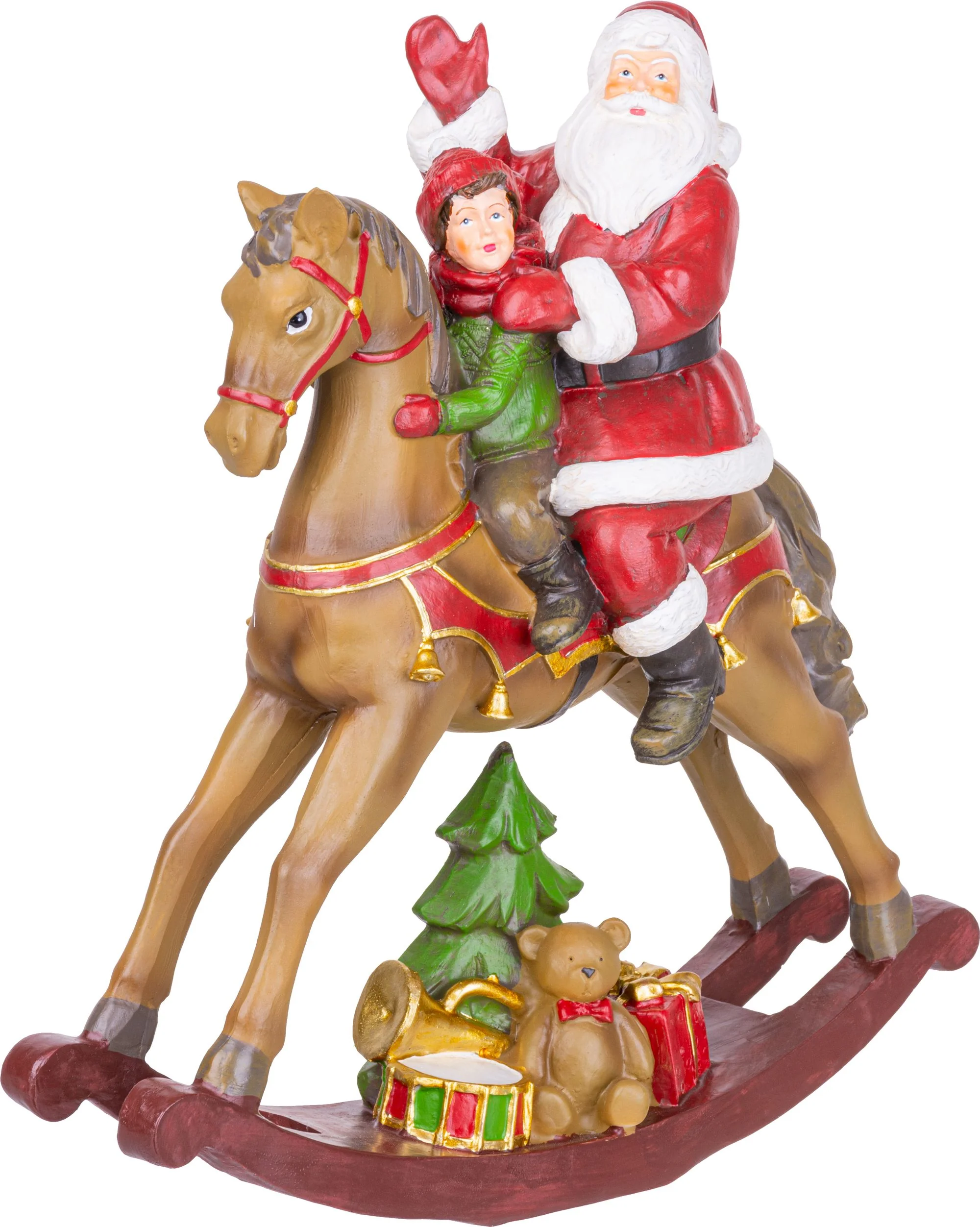 MagicHome vianočný Santa s chlapčekom na koni, 1 ks Polyresin, 28x10x30 cm