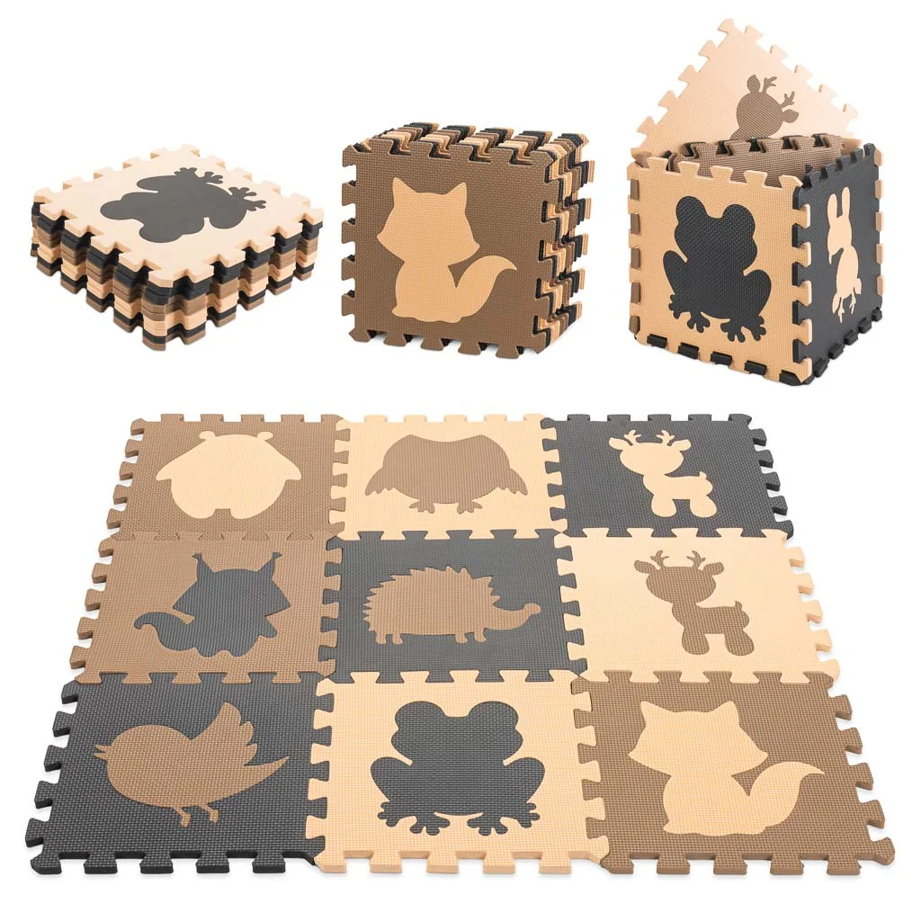 Podložka penové puzzle pre deti 9 ks – béžovo-hnedé zvieratká