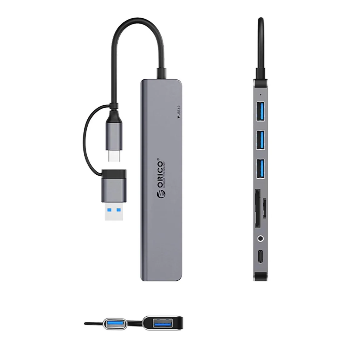 Orico YSA8-U3 HUB adaptér USB / USB-C - 3x USB 2.0 / USB 3.0 / USB-C / 3.5mm jack / 2x TF SD, šedý 3.5mm jack / 2x TF SD, šedý