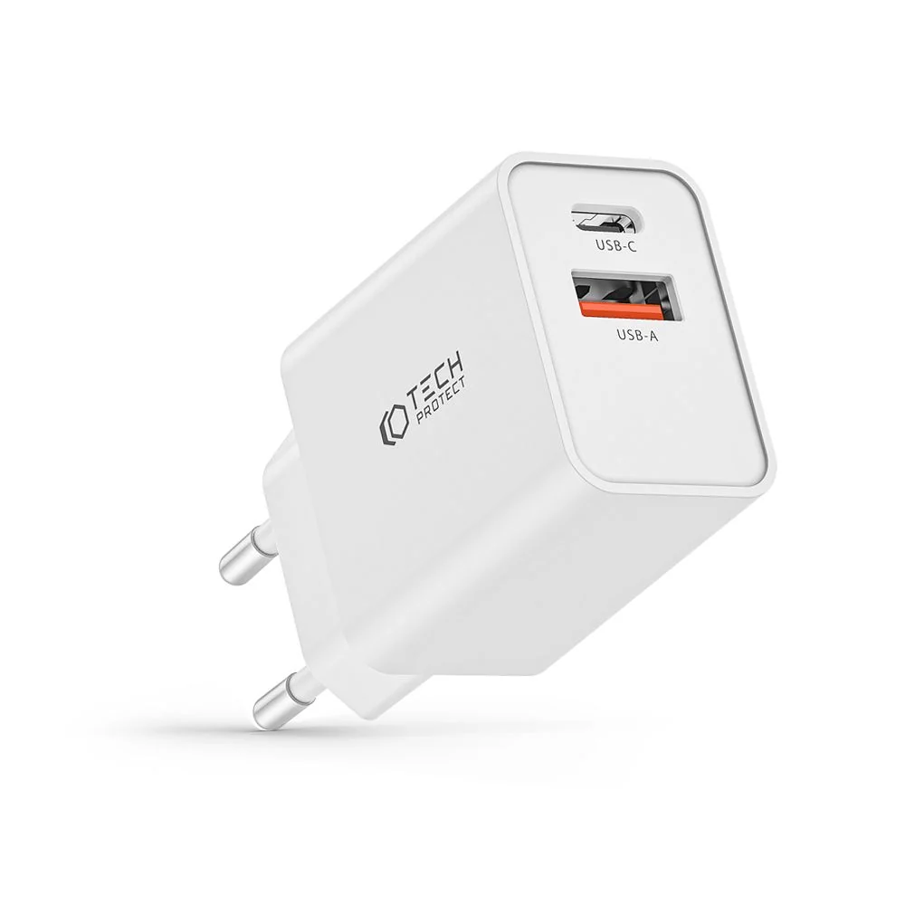 Tech-Protect 2-port sieťová nabíjačka USB / USB-C 30W QC, biela