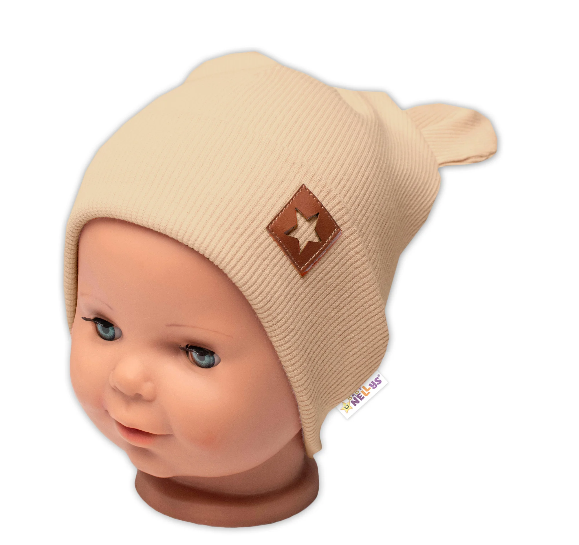 Baby Nellys Rebrovaná dvojvrstvová čiapka s uškami TEDDY - béžová, veľ. 80/86 